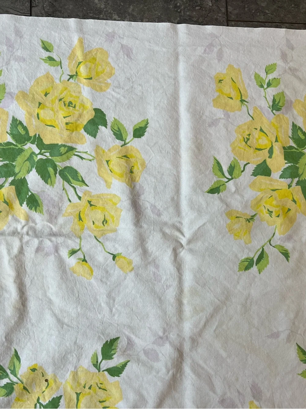 Vintage Yellow Rose Floral Tablecloth -  White Background pale lavender leaves